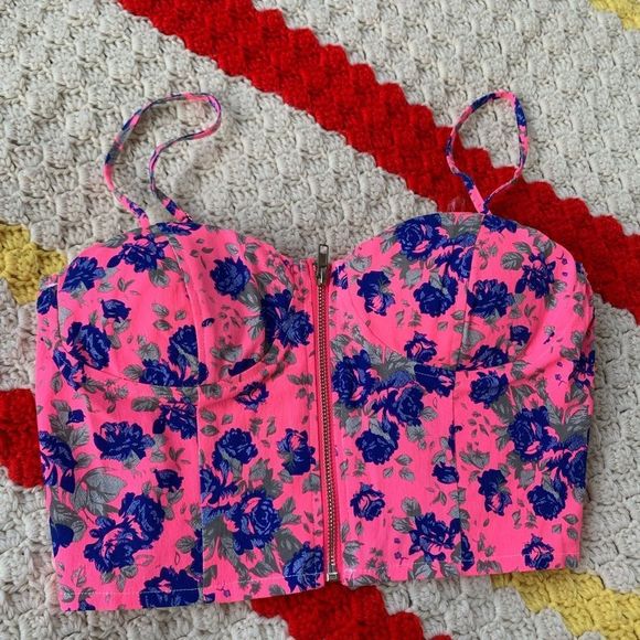 Tops - Floral Print Zip Front Corset Crop Top Pink Blue NWOT 100% Cotton